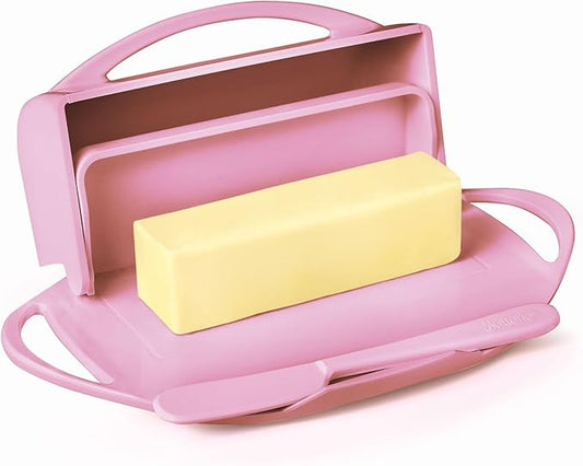Butterie Flip-Top Butter Dish with Lid & Matching Knife, Holds 2 Sticks/European Butter, No-Mess Butter Holder, Shatterproof, Dishwasher Safe, Pink