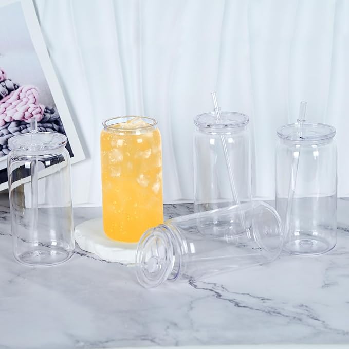 16 Oz Acrylic Can Tumbler, 20 Pack Plastic Clear Cup Beer Can, Plastic Mason Jar with Clear Lid