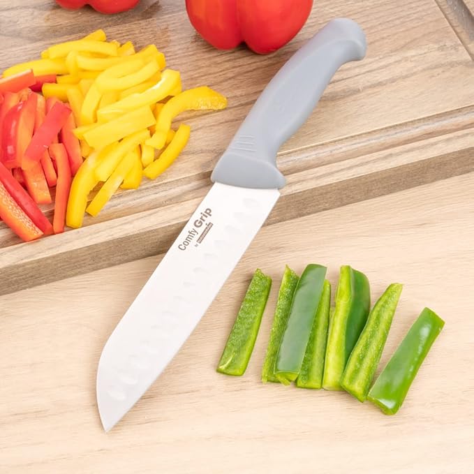 Restaurantware Comfy Grip 7 Inch Santoku Knife 1 Sharp Kitchen Knife - Ergonomic Handle Non-Slip Grip Gray Stainless Steel Japanese Chef Knife Dishwashable Granton Edge