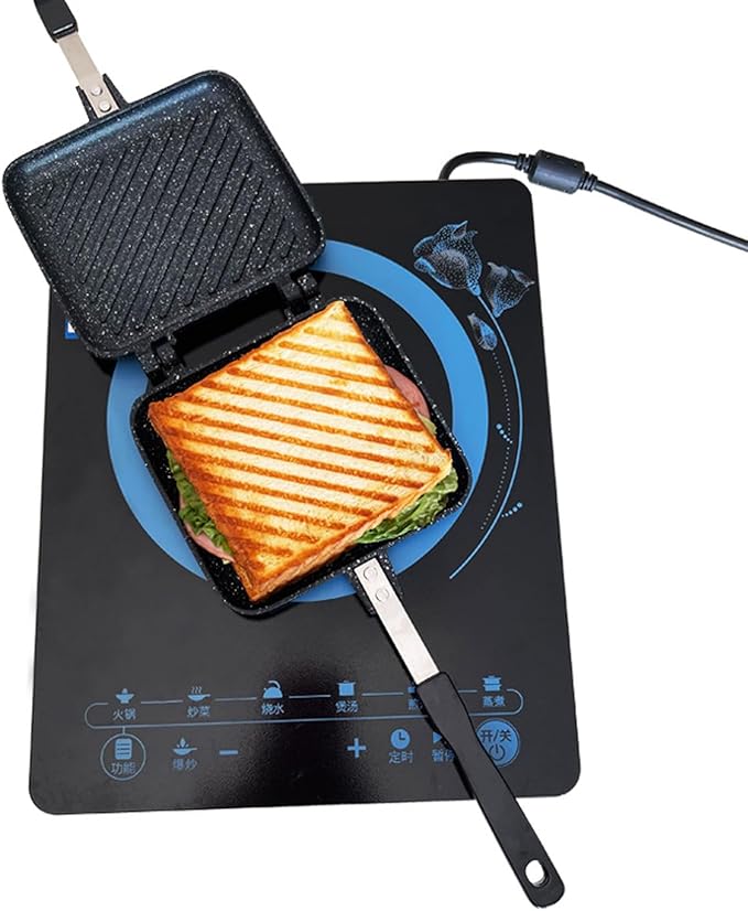 Double Sided Breakfast Sandwich Maker,Anti Stick Sandwich Maker Press Flip Pan,Aluminium Alloy Grilled Cheese Maker,Waffle Pan,Panini Maker Pan,Pie Irons for Camping