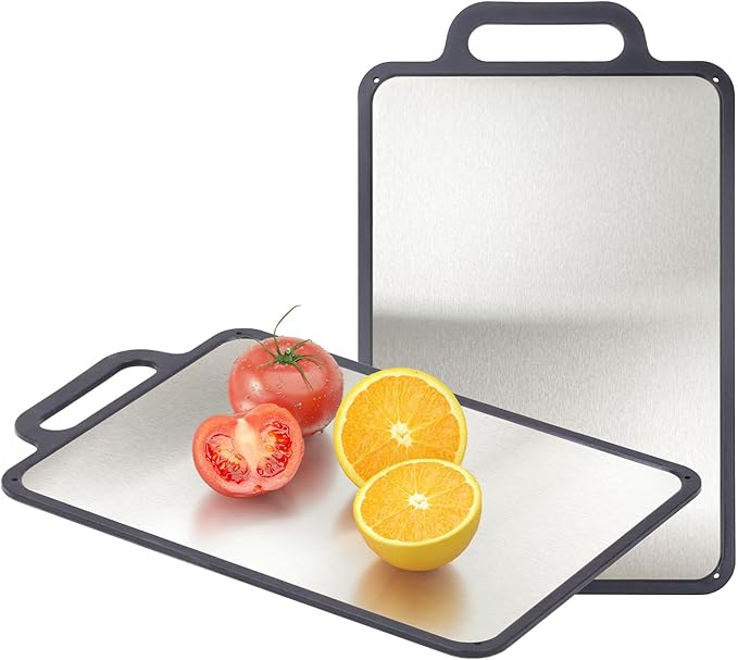 Double-Sided Solid Stainless Steel Cutting Board for Kitchen, 304 Grade & Dishwasher Safe - Non-Slip with Juice Groove, Perfect for Meat and Veggies, 15.3x9.6 Inch (Stainless Steel Color)