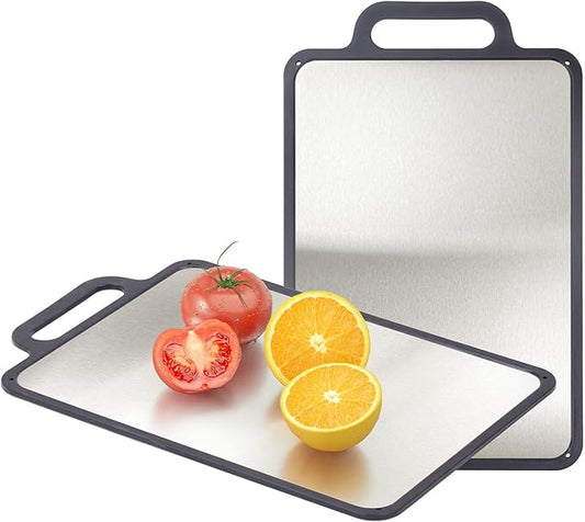 Double-Sided Solid Stainless Steel Cutting Board for Kitchen, 304 Grade & Dishwasher Safe - Non-Slip with Juice Groove, Perfect for Meat and Veggies, 15.3x9.6 Inch (Stainless Steel Color)