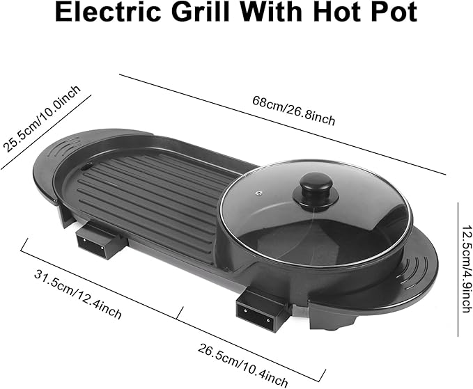 Electric Hot Pot with Grill 2 in 1 Shabu Shabu Hot Pot Korean BBQ Grill Removable Nonstick Smokeless Dual Temperature Durability Adjustable Thermostat