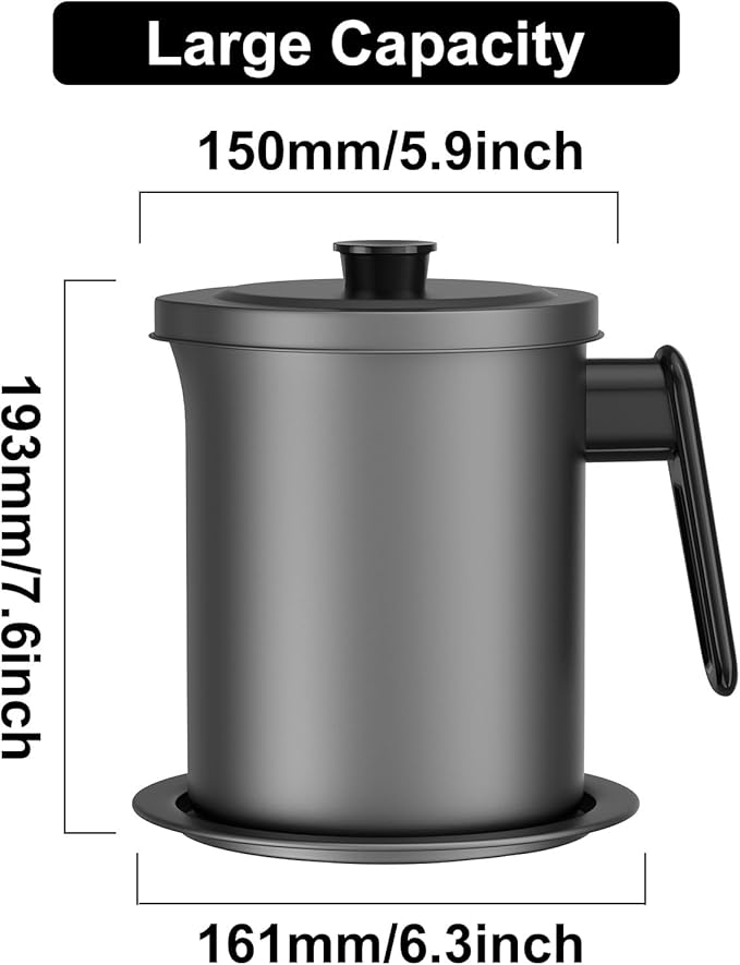 Bacon Grease Container with Fine Mesh Strainer - 1.7L / 6.8 Cups Cooking Oil Storage Can with Removable Dustproof Lid and Coaster Tray - Oil Pot for Used Cooking Oil, Fat, Frying Oil, Kitchen Fat