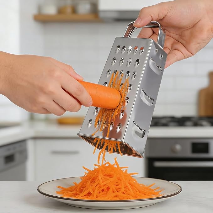 1pc Stainless Steel Vegetable Grater Portable Metal Grater 4-Sided Cheese Grater with Handle for Kitchen Restaurant (8inch)