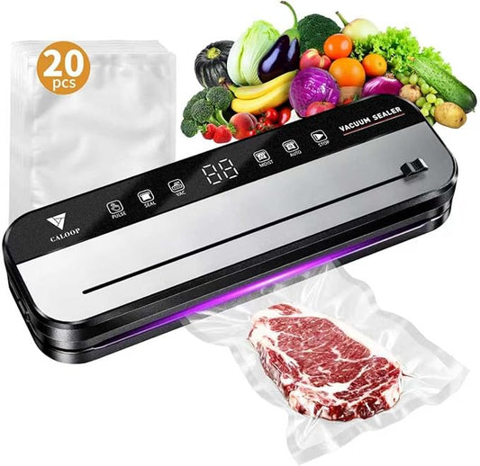 CALOOP Food Vacuum Sealer Machine with 20 Seal Bags, 80 Kpa Powerful Food Saver for Kitchen Storage, Dry/Moist Modes, Digital Countdown Timer, Compact Lightweight, Build-in Cutter