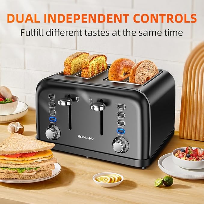 RAMJOY Black Toaster 4 Slice, Dual Independent Controls, Extra Wide Slot Toasters for Bagel, Bread, Waffles, 7 Shade Settings, 4 Main Functions, Removable Crumb Tray, 1500 Watts, Black Stainless Steel