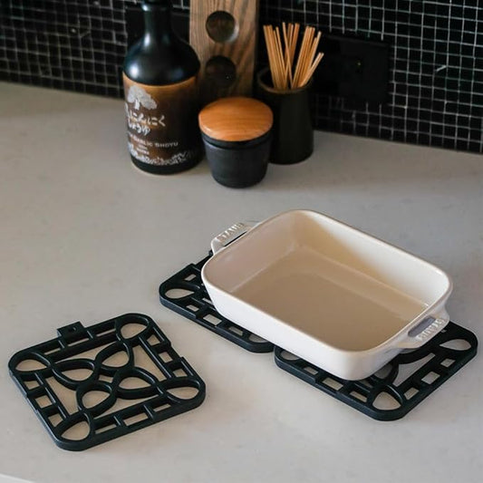 Capabunga 4-Pack Trivets for Hot Dishes - Black Interlocking Hot Pads for Kitchen, Coffee Bar Essentials, Silicone Mats for Kitchen Counter, Heat Resistant Silicone Trivets for Pots and Pans