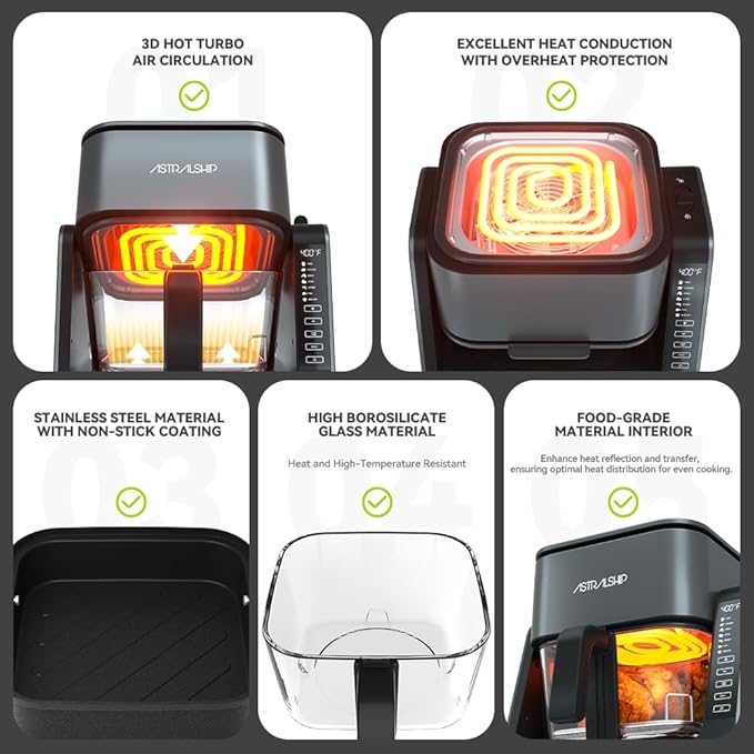 Astralship Glass Air Fryer, 2-in-1 Flip Airfryer & Grill Combo, Non-Toxic Teflon Free (No Plastic Smell), 360° Visible Cooking, 7 Presets, Compact for 1-2 People, 5.5QT Total Capacity, Dishwasher Safe