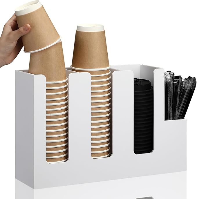 Cunhill 4 Compartments Acrylic Coffee Cup and Lid Storage Organizer Holder Disposable Paper Cup Dispenser Organizer Plastic Lid Holder Accessories for Kitchen Bar Shop Party Supplies (White)