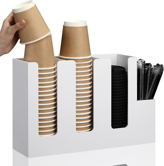Cunhill 4 Compartments Acrylic Coffee Cup and Lid Storage Organizer Holder Disposable Paper Cup Dispenser Organizer Plastic Lid Holder Accessories for Kitchen Bar Shop Party Supplies (White)