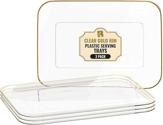 3 Pack Plastic Serving Trays for Party - Gold Serving Tray 8 x 11 Inch - Heavy Duty Dessert Trays for Food - Rectangular Party Serving Trays for Entertaining - Clear Cookie Platters