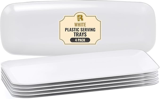 R-kay 4 Pack White Plastic Serving Trays for Party - White Serving Tray 17 by 6.5 in - Rectangular Heavy Duty Dessert Trays for Food