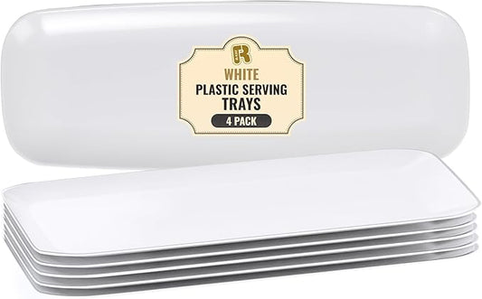 R-kay 4 Pack White Plastic Serving Trays for Party - White Serving Tray 17 by 6.5 in - Rectangular Heavy Duty Dessert Trays for Food