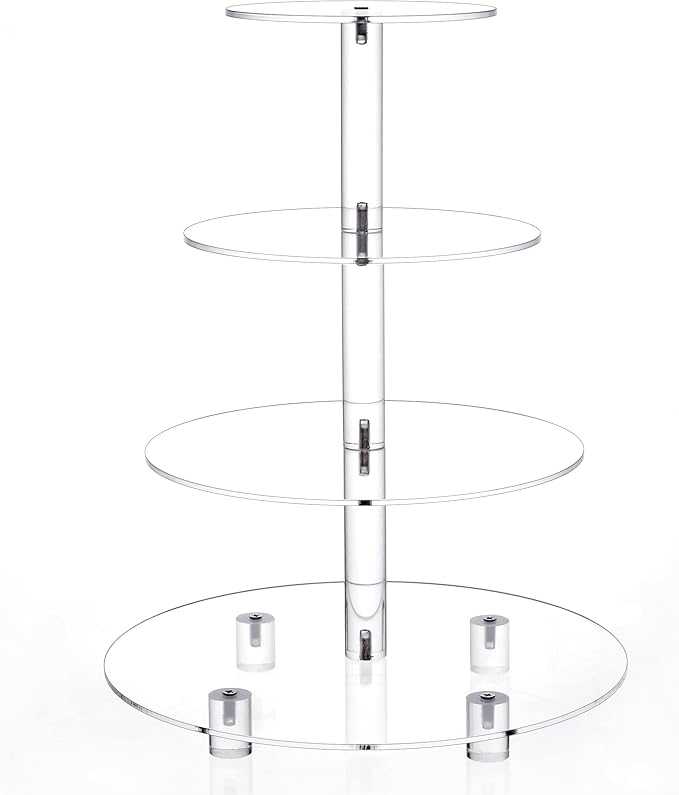 Jusalpha® Large 4 Tier Acrylic Glass Round Cake Stand-cupcake Stand- Dessert Stand-Tea Party Serving Platter-Candy Bar Party Décor, With Rod Feet 4RF-12
