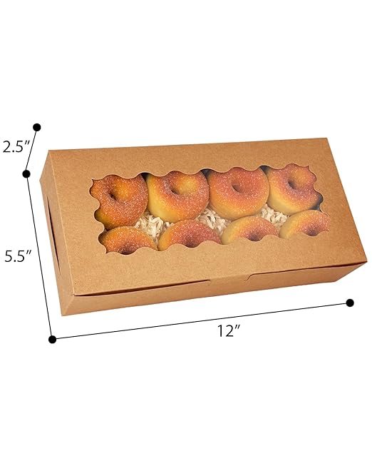 qiqee 50 Packs Brown Cookie Box with Window 12x5.5x2.5 Inch Two Uses Pastry Biscuit Bakery Box For Packaging