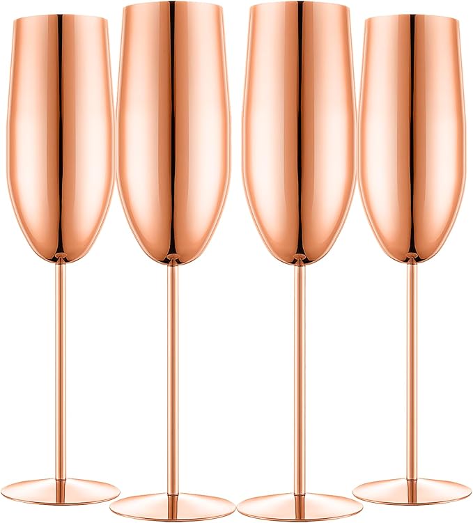 Stainless Steel Champagne Flutes Set of 4-Wedding &Birthday Gifts,8.5 Oz Unbreakable Champagne Glass with Long Stem,Reusable Indoor Outdoor Drinkware (Rose Gold)