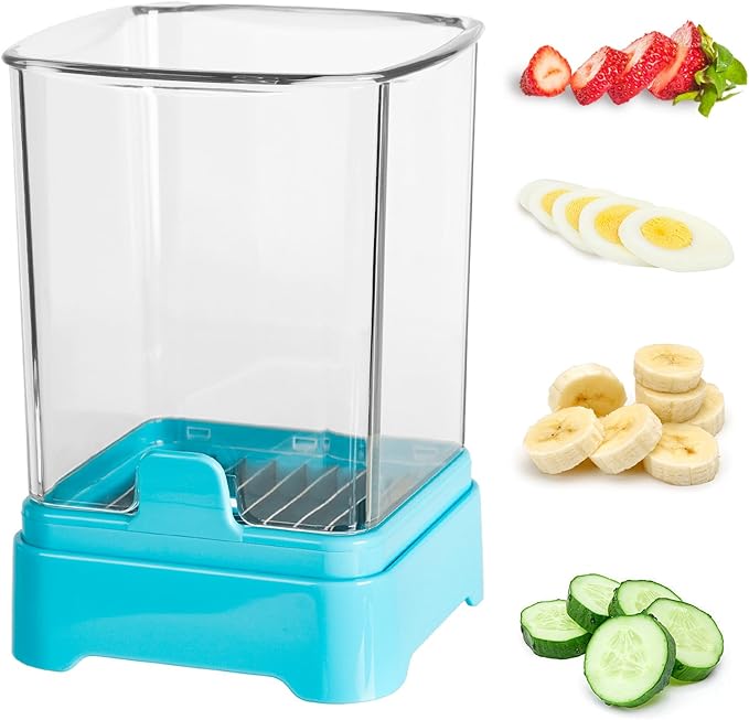 3-in-1 Strawberry Banana & Egg Slicer Cup | Detachable Fruit Cutter with Push Plate for Effortlessly Safe Slicing | Quick Meal Prep & Snacks Kitchen Gadget (Blue)