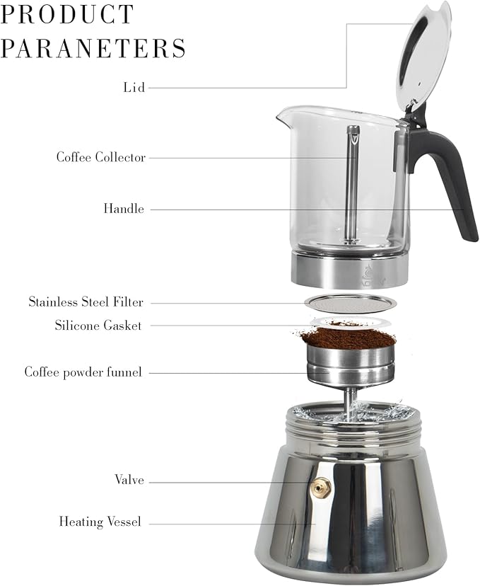 LAOION Stovetop Espresso Maker, 3Cup 160ml Moka Pot, Crystal Glass-top & Stainless Steel Coffee Maker Mocha Pot, Greca De Cafe, Cuban and Italian Coffee Maker for Cafetera Cubana