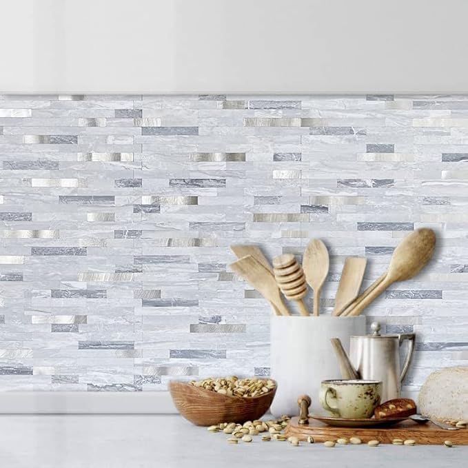 DICOFUN Peel and Stick Backsplash Wall Tiles, 1 Sheet Light Grey Faxu Stone PVC Mixed Metal Kitchen Backsplash Peel and Stick