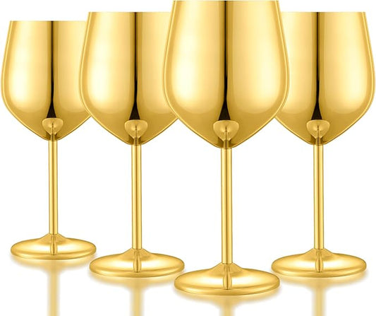 Stainless Steel Wine Glasses Set of 4 Unbreakable Gold Wine Glass 18 oz Unique Metal Wine Goblets for Outdoor, Travel, Camping, Pool, Ideal Gift for Wine Lovers