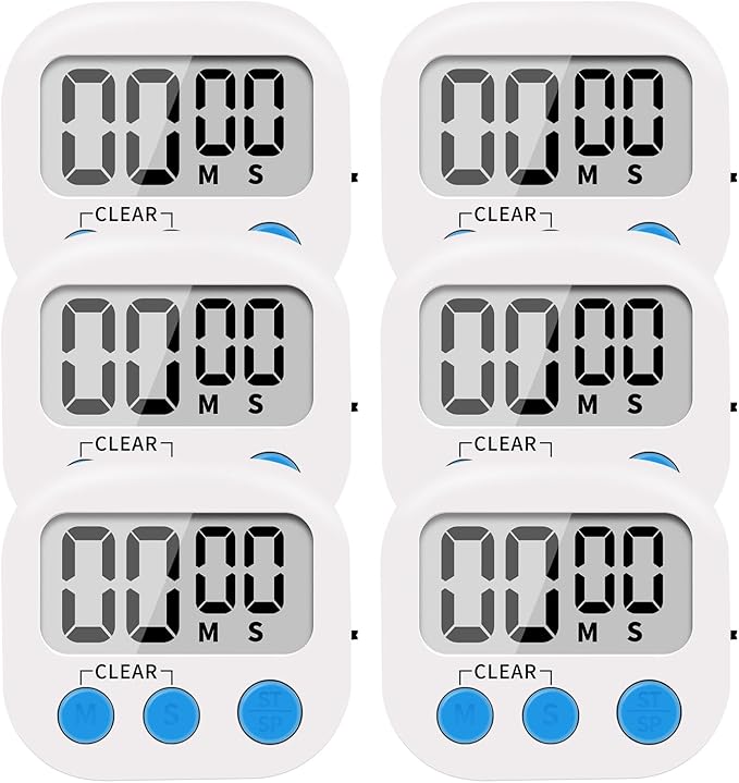 6 Pack Small Digital Kitchen Timer Magnetic Back and ON/Off Switch,Minute Second Count Up Countdown, White