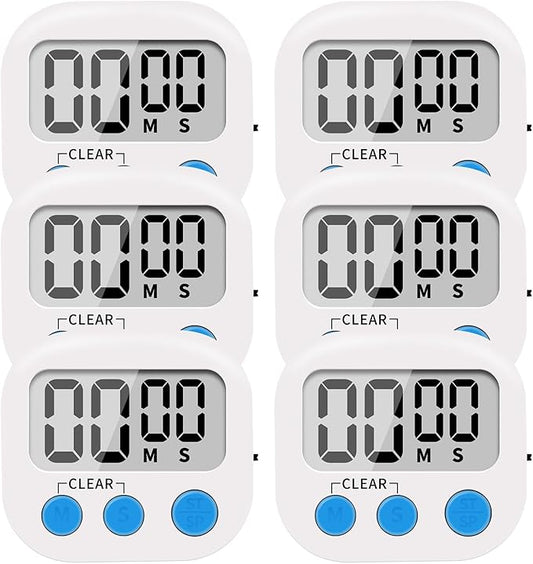 6 Pack Small Digital Kitchen Timer Magnetic Back and ON/Off Switch,Minute Second Count Up Countdown, White