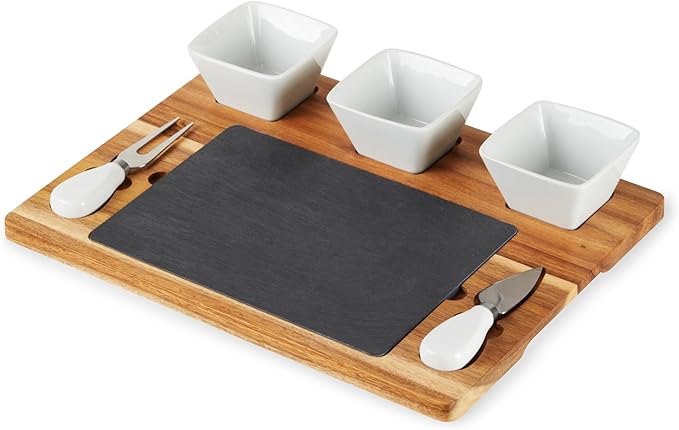 Twine Acacia & Slate Cheese Board Set - Charcuterie Board Bowls and Knives - Slate Cheese Tray Wood Cheese Board - 7-Piece Set of 1, Brown