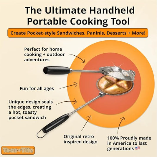 Tid Bit Handheld Sandwich Maker, Portable Sandwich Grill & Panini Press, Cast Aluminum Pie Iron, Retro 1945 Stovetop & Campfire Toaster for Hot Sandwiches, Pies, Paninis, RV & Camping