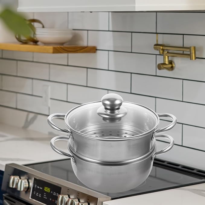YARNOW Stainless Steel Steamer Pot 9.44 Inch Double Layer Large Capacity Cooking Pot Compatible with Gas and Induction Stove Kitchen Steamer for Healthy Meal Preparation