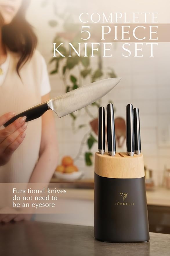 LORDELLE Knife Block Set - 5 Piece Set - Black Vintage Ink - Lifestyle Home Kitchen Design - German X50 Stainless Steel - ABS Handle - Ash Wood Block - Cooking Chef Knife, Santoku, Paring, Utility