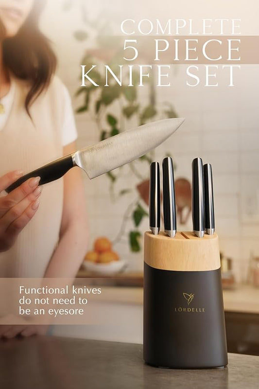 LORDELLE Knife Block Set - 5 Piece Set - Black Vintage Ink - Lifestyle Home Kitchen Design - German X50 Stainless Steel - ABS Handle - Ash Wood Block - Cooking Chef Knife, Santoku, Paring, Utility