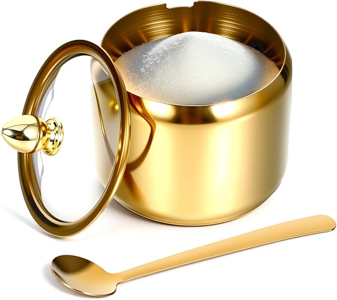 Gold Sugar Bowl with Glass Lid and Spoon, 10oz Capacity Stainless Steel Sugar Container Round Kitchen Storage Pot Coffee Bar Accessories for Kitchen Storage, Salt, Candy, Coffee Beans
