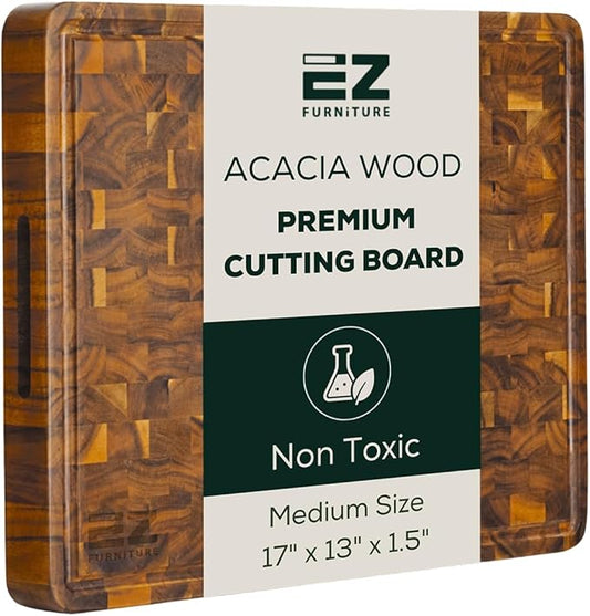 EZ FURNITURE Medium (M) Acacia Wood Premium Cutting & Serving Board, Knife Friendly, Pre-Oiled End Grain with Juice Groove & Handles, Non-Toxic (17"Lx13"Wx1.5"Th)