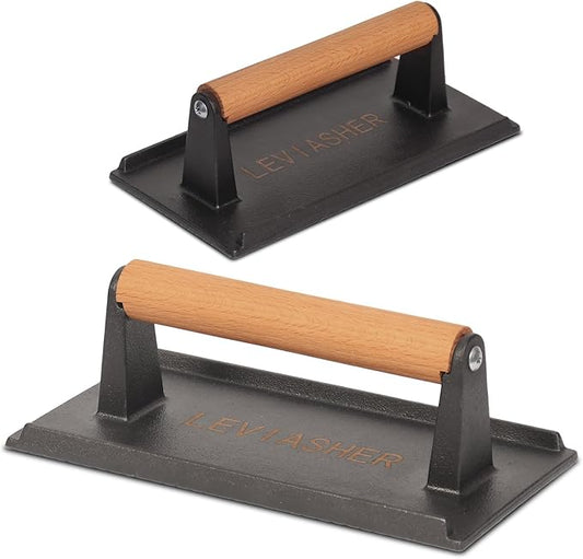 2.2 lb Heavy Duty Cast Iron Grill Press, 7.8X3.9 inch Rectangle Bottom Granular Burger Press with Wood Handle for Blackstone, Chef, Camp, Panini, Vegetable, Bacon, Sandwich, BBQ, 2 Pack