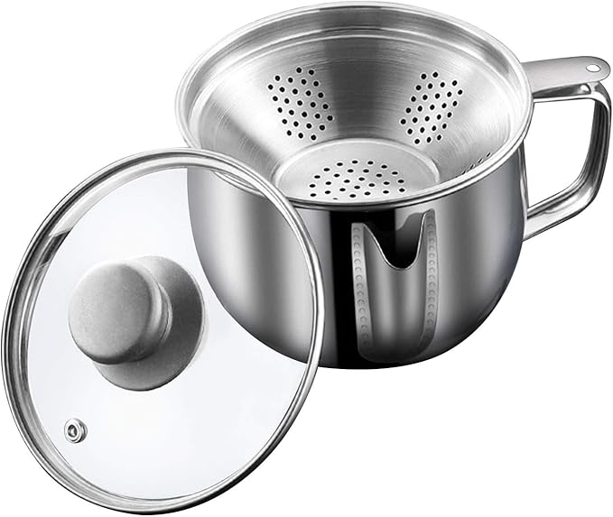Stainless Steel Fat Separator 4 Cup/1000ML Gravy Grease Separator with Strainer and Glass Lid, Soup Oil Separator Cup for Cooking, Oil Soup Separator Strainer Pot for Kitchen (Silver)