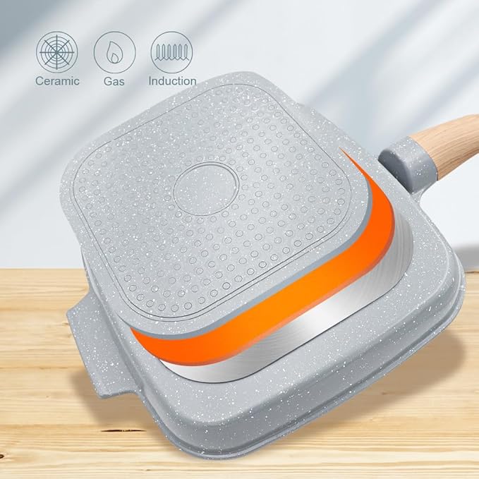 RANX INGST Nonstick Ceramic Griddle Pan with Lid, 10 Inch Steak Pan with Detachable Handle Induction Compatible, PFOA Free - Blue