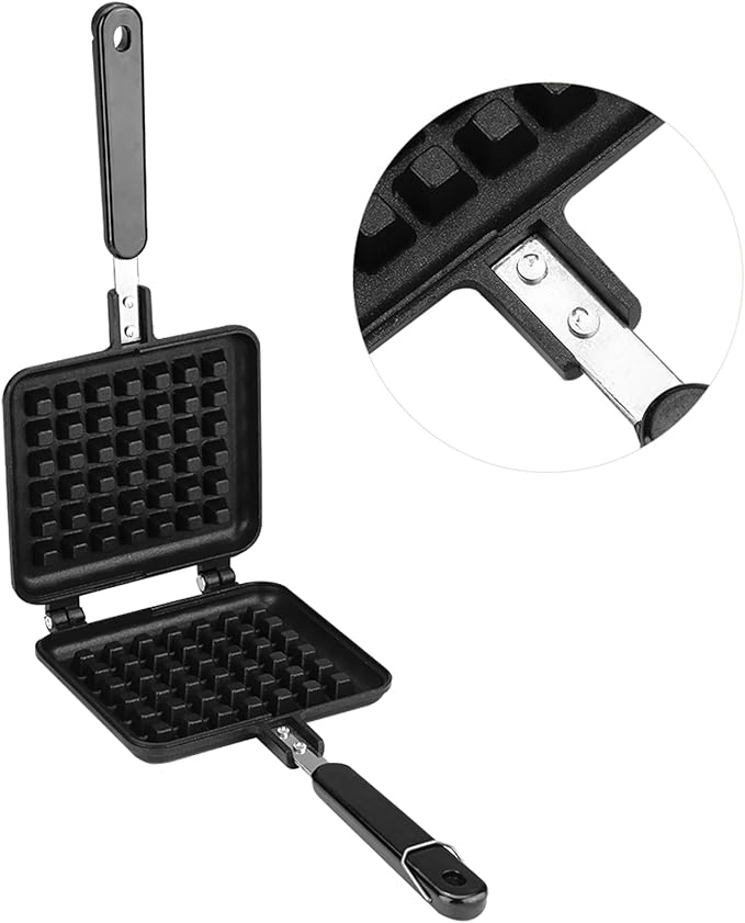 Household Kitchen Gas Non Stick Waffle Maker Pan, Waffle Baking Mold Press Plate, Double - Sided Aluminum Alloy Waffle Iron with Long Heat Insulation Handle, for Stovetop Cooking a