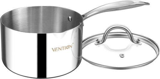 VENTION Tri-Ply Stainless Steel 1 Quart Saucepan with Lid, Bright Small Sauce Pan with Pour Spout, Small Pots for Cooking