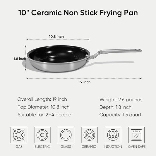 GLOBEHOME 10 Inch Ceramic Non Stick Frying Pans - 5 Ply Stainless Clad Nonstick Skillet, Toxic, PTFE & PFOA FREE, Professional Cookware for Induction, All Stoves and Oven up to 650°F