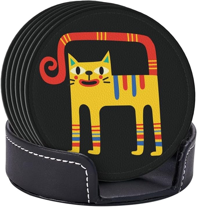 Cute Colorful Cat Leather Drink Coasters Set of 6 with Holder Round Cup Coaster for Table Decor