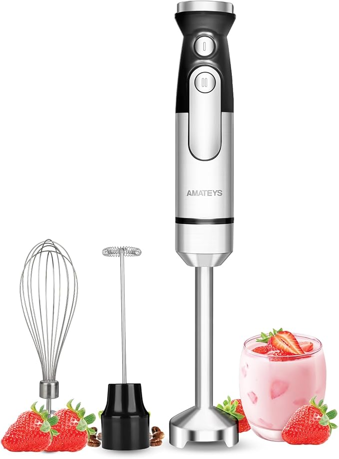 Amateys Immersion Blender Handheld,700W Hand Mixer Infinitely Variable Speeds,Multi-function Stainless Steel Stick Electric Kitchen Smoothie Blender with Detachable Whisk, Milk Frother,for Soup Puree