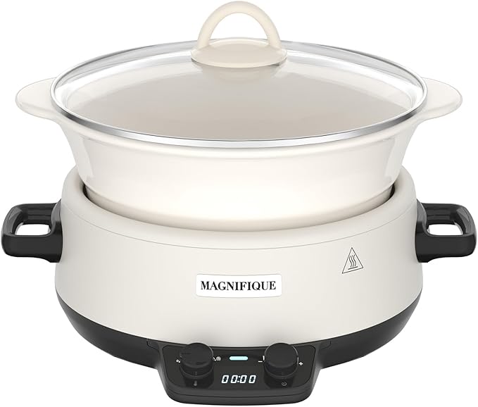 MAGNIFIQUE Small 5 Quart Round Casserole Programmable Slow Cooker with Glazed Ceramic Liner, Food Warmer Perfect Kitchen Small Appliance for Family Dinners, White