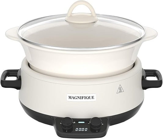 MAGNIFIQUE Small 5 Quart Round Casserole Programmable Slow Cooker with Glazed Ceramic Liner, Food Warmer Perfect Kitchen Small Appliance for Family Dinners, White