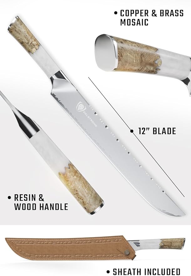 Dalstrong 12 inch Slicer - Valhalla Series - 9CR18MOV HC Steel - White Resin & Wood Handle - Razor Sharp Carving & BBQ Knife - w/Leather