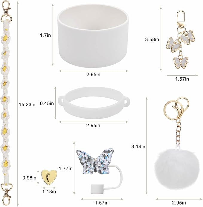 Accessories Set Including Water Bottle Handle Strap, Silicone Boot, Resin Butterfly Straw Cover, Straw Topper, Lip Balm Sleeve, Butterfly & Hairball Charms for Stanley Cup Tumbler