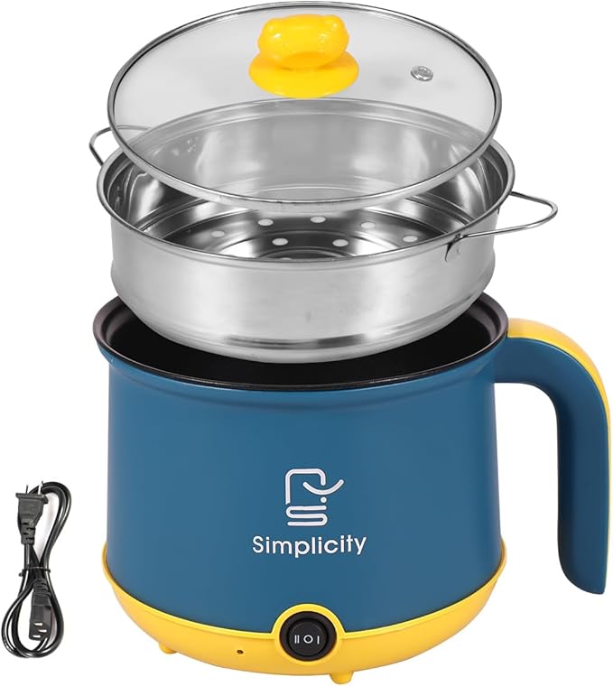 Electric Hot Pot with Steamer 1.8L/55oz, Stainless Steel Non-Stick Ramen Pasta Cooker,Portable Travel Cooker Quick Cook Multi-Functional Electric Skillet for Egg Soup Porridge