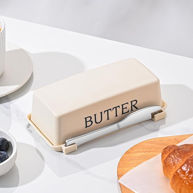 Butter Holder With Lid And Knife,Food Grade Plastic Butter Dish For Countertop,Large Butter Storage Container With Cover,White