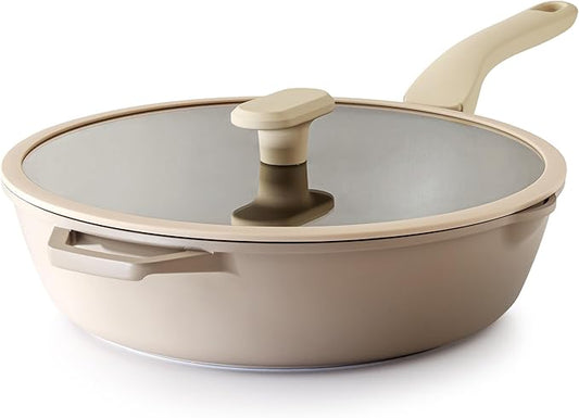 PRICUSIS Nonstick Deep Frying Pan with Glass Lid, 12 Inch (4.8 qt), 5X Durable Nonstick Sauté Pan, Scratch & Stain Resistant, PFOA Free, Induction Compatible, Dishwasher & Oven Safe, Natural Linen
