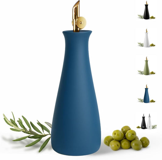 Ceramic Olive Oil Dispenser with Self-Closing Gold Spout - 530 ML Capacity Matte Blue Ceramic Oil Dispenser for Kitchen - Leak Proof EVOO Dispensing Bottle - Stylish, Ergonomic, Durable, Easy Pour